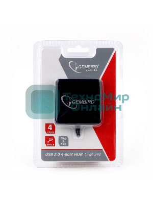 Концентратор USB 2.0 Gembird UHB-242, 4 порта, блистер, черный