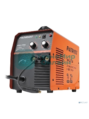 Полуавтомат сварочный инверторный PATRIOT WMA 175M MIG/MAG/MMA, полуавтоматическая сварка в среде газа (MIG/MAG) стальной и флюсовой проволокой 0.6/0.8 мм, сварка электродом (MMA) до 4мм, сварочный ток в режиме MIG: 40-170А; сварочный ток в режиме MMA: 40-170А; ПВ при макс. токе: 60%