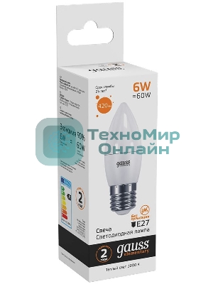 Лампа светодиодная Gauss Elementary 6Вт цок.:E27 свеча 220B 3000K св.свеч.бел.теп. C37 (упак.:10шт)