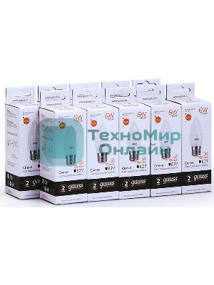 Лампа светодиодная Gauss Elementary 6Вт цок.:E27 свеча 220B 3000K св.свеч.бел.теп. C37 (упак.:10шт)