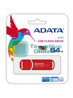Флешка USB ADATA UV150 (AUV150-64G-RRD), 64Gb, USB 3.0, R/W 100/30, красный