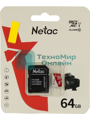 Флеш карта Netac P500 ECO 64Gb MicroSDXC U1/C10 up to 80Mb/s, retail pack with SD Adapter