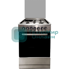 Комбинированная плита De Luxe 606031.12гэ 000(кр)чр нержавеющая стальГазово-электрическая плита, Цвет - нержавеющая сталь, Электророзжиг 3 газовые конфорки 1,0/1,5/3,0 кВт 1 электрическая конфорка 1,5 кВт Основные характеристики духового шкафа: Электрическая духовка Нижний ТЭН - 1,1 кВт ТЭН верхний/гриль - 1,3 кВт/1,8 кВ   тТерморегулятор Гриль Механический таймер Освещение Объём духовки 58 л.  Комплектация: Большой противень Малый противень Решётка для жарки Чугунные решётка рабочего стола Стеклянная крышка рабочего стола Хозяйственный отсек