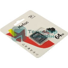 Флеш карта Netac P500 ECO 64Gb MicroSDXC U1/C10 up to 80Mb/s, retail pack with SD Adapter