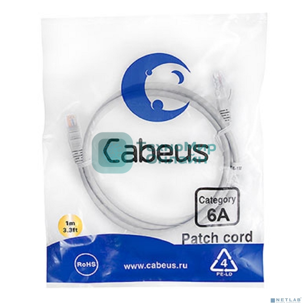 Шнур комм. Cabeus, cat.6a, неэкр., U/UTP, RJ45/RJ45, LSZH, AWG24, 1м, серый