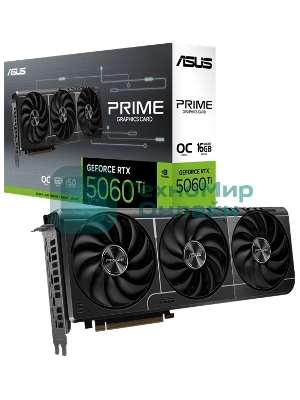 Видеокарта ASUS GeForce RTX 5060 Ti PRIME OC, NVIDIA RTX 5060 Ti, 16 ГБ GDDR7, 128 бит, PCI-e 5.0, 1xHDMI, 3xDP, 2647 МГц