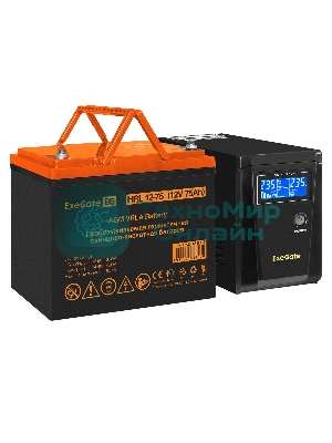 Комплект Источник бесперебойного питания EX295986RUS + батарея 75Aч EX285653RUS 1шт (инвертор, синус, для котла) ExeGate SineTower SZ-600.LCD.AVR.1SH <600VA/360W, чистый синусоида, LCD дисплей, AVR, 1*Schuko, линейно-интерактивный, Black> + батарея ExeGate HRL 12-75 (12В, 75Ач) 1шт
