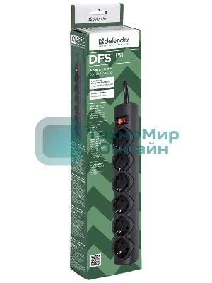 Сетевой фильтр Defender DFS 151 1.8 m, 6 розеток, черный