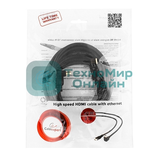 Кабель Cablexpert HDMI CC-HDMI490-10, 19M/19M, v2.0, медь, позол.разъемы, экран, угловой, 3м, черный, пакет