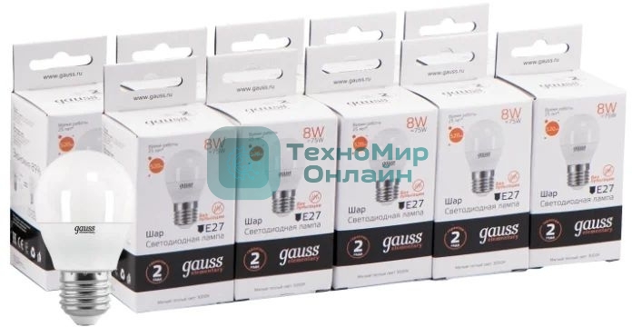 Лампа светодиодная Gauss Elementary 8Вт цок.: E27 шар 220B 3000K св. свеч. бел. теп. (упак.: 10 шт) (53218)