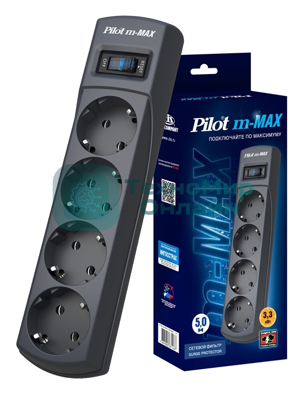 Сетевой фильтр Pilot m-MAX 5 м, 4 розетки, серый, коробка