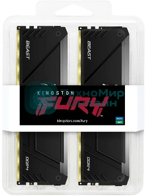 Оперативная память Kingston Fury Beast, DDR4, 64GB (2x32GB), 3200MHz, CL16, DIMM, с радиатором, RGB, черный