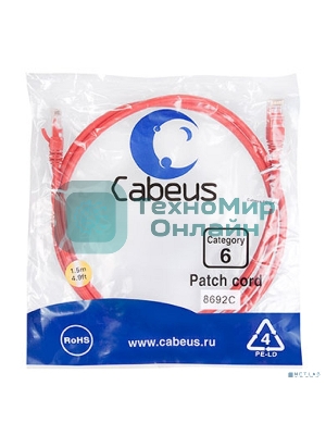Шнур комм. Cabeus, кат. 6, неэкр., U/UTP, RJ45/RJ45, 250 МГц, PVC, AWG24, 1.5м, красный