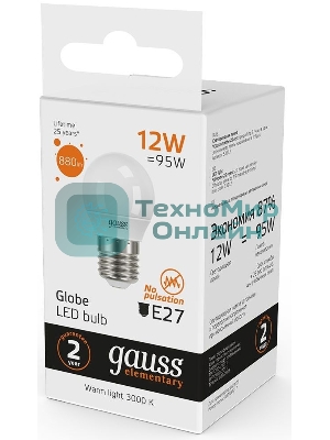 Лампа светодиодная Gauss Elementary 12Вт цок.: E27 шар 220B 3000K св. свеч. бел. теп. (упак.: 10 шт)