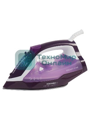 Утюг Galaxy Line GL 6124, фиолетовый с белым, паровой, 2500 Вт, постоянный пар 50 г/мин, паровой удар 230 г/мин, функции: самоочистка, антикапля, антинакипь, функция увлажнения, вертикальное отпаривание, защита от перегрева, индикатор нагрева, керамическое покрытие подошвы, резервуар для воды 370 мл