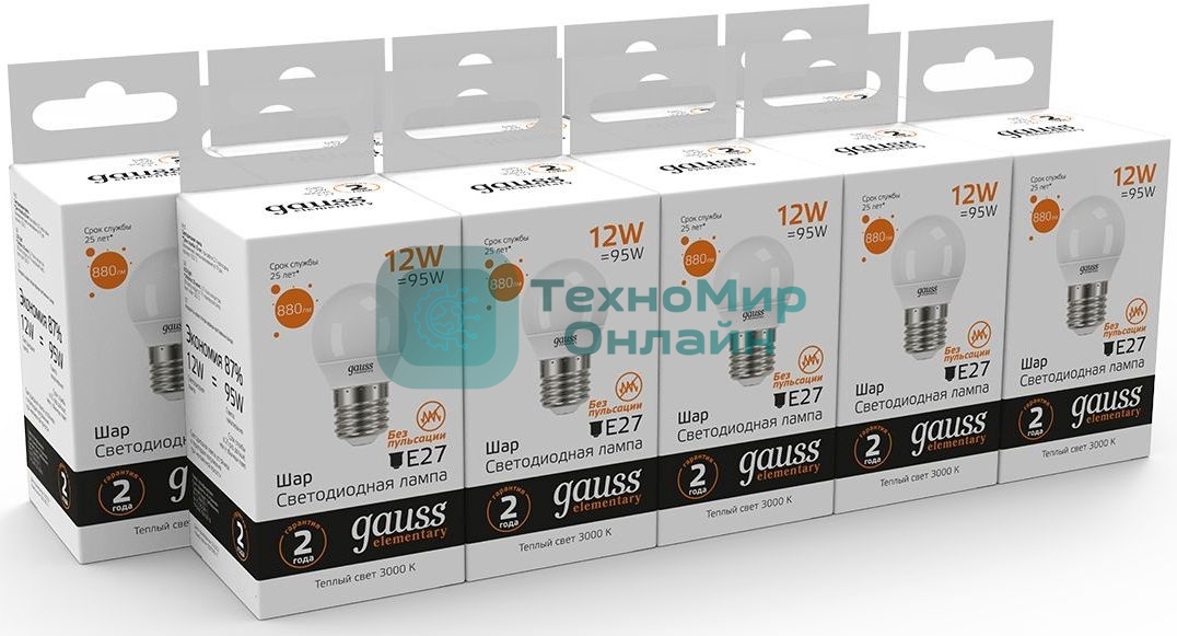 Лампа светодиодная Gauss Elementary 12Вт цок.: E27 шар 220B 3000K св. свеч. бел. теп. (упак.: 10 шт)