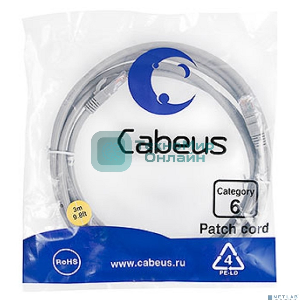 Шнур комм. Cabeus, кат. 6, неэкр., U/UTP, RJ45/RJ45, PVC, AWG24, 3м, серый