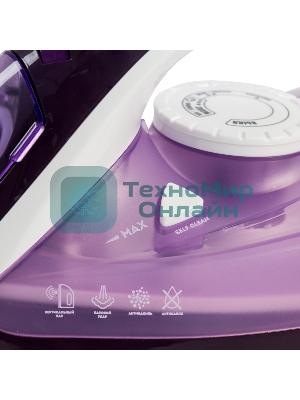 Утюг Galaxy Line GL 6124, фиолетовый с белым, паровой, 2500 Вт, постоянный пар 50 г/мин, паровой удар 230 г/мин, функции: самоочистка, антикапля, антинакипь, функция увлажнения, вертикальное отпаривание, защита от перегрева, индикатор нагрева, керамическое покрытие подошвы, резервуар для воды 370 мл