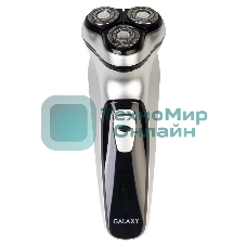 Электробритва Galaxy Line GL 4209, серебряный с черным, роторная, аккумуляторная, 5 Вт, Li-Ion аккумулятор емкостью 600 мА*ч, время непрерывной работы до 1,5 ч, ножи из нержавеющей стали, 3 независимые плавающие головки, возможность промывки бреющего блока, индикатор заряда и работы, встроенный триммер для подравнивания висков, USB зарядка