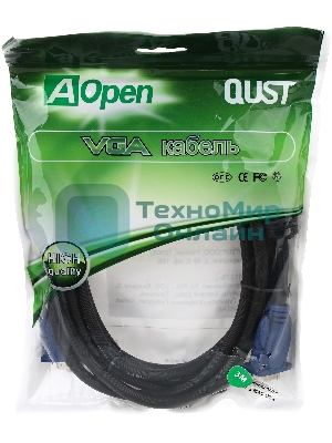 Кабель VGA 3м AOpen 2 фильтра, монитор-SVGA card 15M-15M, ACG341AD-3M