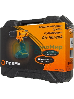 Дрель-шуруповерт аккумуляторная Вихрь ДА-18Л-2КА 72/14/25, Аккумуляторная, 18В, 2 АКБ, Кейс