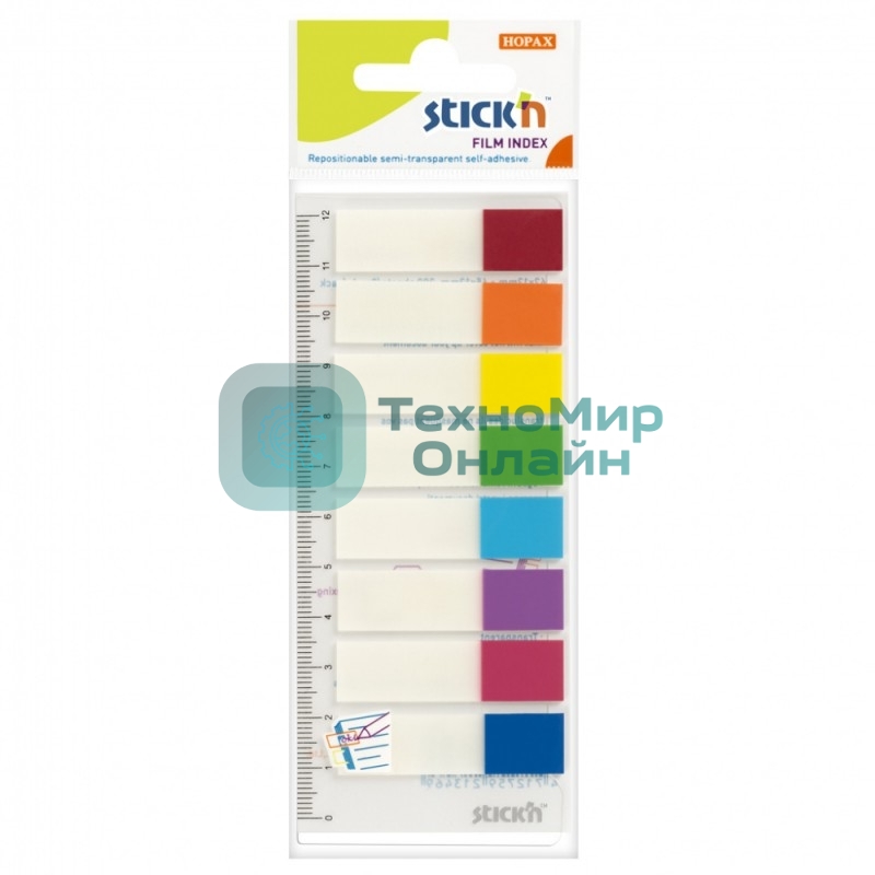 Закладки самоклеящиеся, индексы пластиковые Hopax 21467 12x45мм, 8 цветов в упаковке, 15 листов, на линейке с цветным краем, европодвес