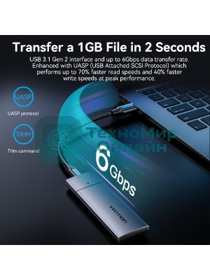 Корпус для SSD Vention USB 3.1 Gen 2-C M.2 NGFF (B-Key/B&M Key) Серый