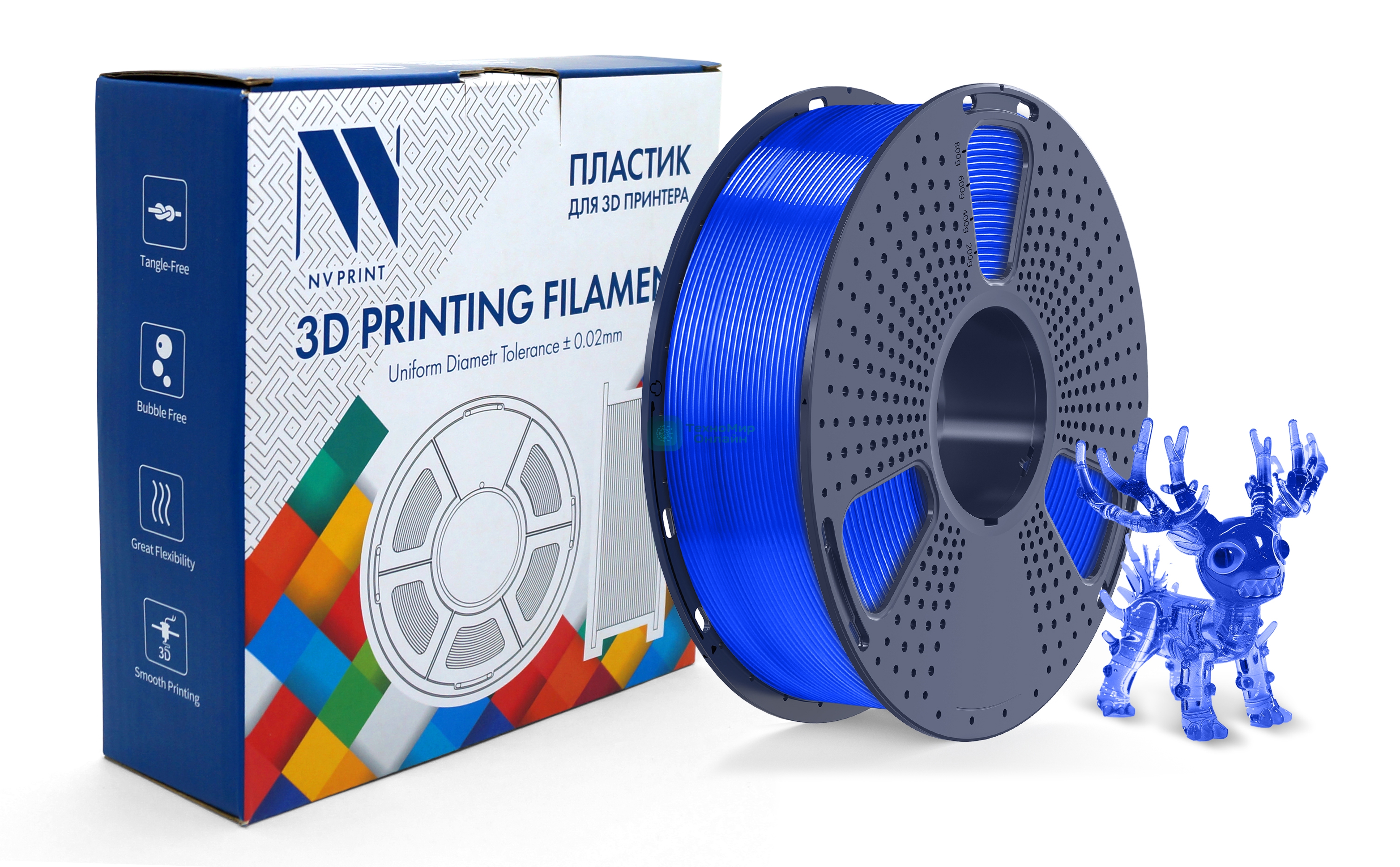 Филамент NVPrint PLA Transparent Blue для 3D печати диаметр 1.75мм длина 330 метров масса 1 кг