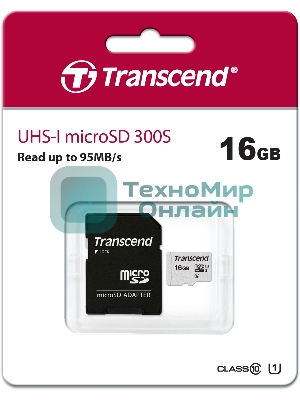 Флеш карта Micro SecureDigital 16Gb TranscendTS16GUSD300S-A MicroSDHC Class 10 UHS-I, SD adapter