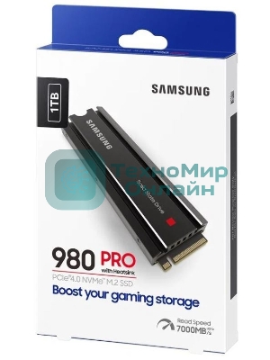 Накопитель SSD Samsung 980 PRO, 1TB, PCIe 4.0 x4, M.2 2280, NVMe, R/W 7000/5000, с радиатором
