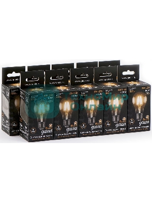 Лампа светодиодная филаментная Gauss 6Вт цок.:E27 шар 220B 2700K св.свеч.белый теп. A60 (упак.:10шт)