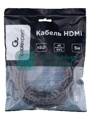 Кабель HDMI Cablexpert CC-HDMI4L-5M, 19M/19M, v2.0, Light, позол.контакты, экран, 5м, черный, пакет