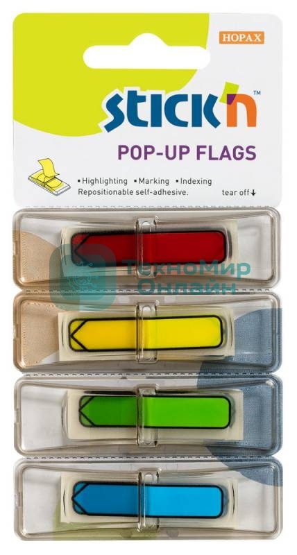 Закладки самоклеящиеся, индексы пластиковые Hopax 26018 12x45мм, 4 цвета в упаковке, 30 листов, Z-сложение стрелки печатные блистер