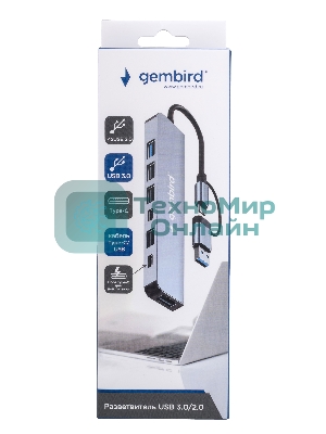 Разветвитель USB3.0/2.0 Gembird UHB-C445, USB3.0, 4хUSB2.0, Type-C, с доп.питанием (порт Type-C), кабель Type-C/USB 17см, алюминий, коробка