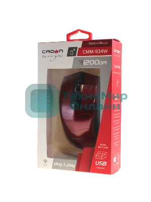Мышь беспроводная Crown CMM-934W красный/черный, 1200 dpi, радиоканал, USB, кнопки - 4