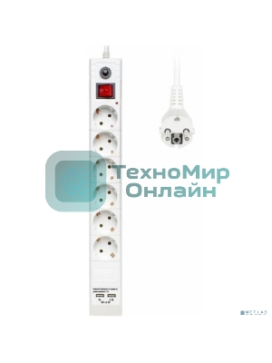 Сетевой фильтр Buro BU-SP3 USB 2A-W 3 м, 6 розеток, белый, коробка