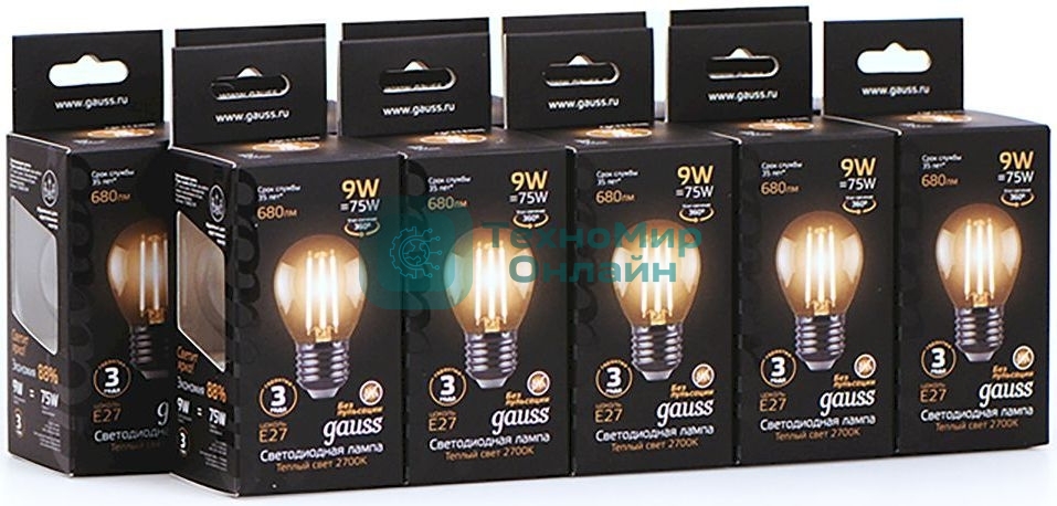 Лампа светодиодная филаментная Gauss 9Вт цок.:E27 шар 220B 2700K св.свеч.бел.теп. G45 (упак.:10шт)