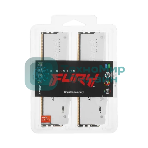 Оперативная память Kingston Fury Beast, DDR5, 32Gb (2x16GB), 6000MHz, CL30, DIMM, с радиатором, RGB, белый
