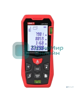 Лазерный дальномер UNI-T LM120A Диапазон расстояний (120 м); Тип дисплея (ЖК); Единицы измерения (м/фут/дюйм); Основа измерения (спереди/сзади);