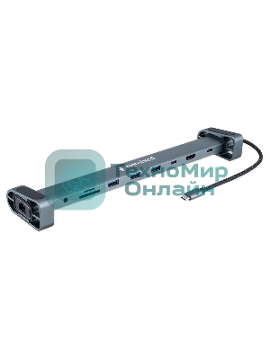 Концентратор USB Type-C Gembird UHB-D5, 10в1: 3xUSB3.1, Type-C PD87W, Jack 3.5, SD/TF, HDMI, RJ45, Type-C, кабель 14см, алюминий