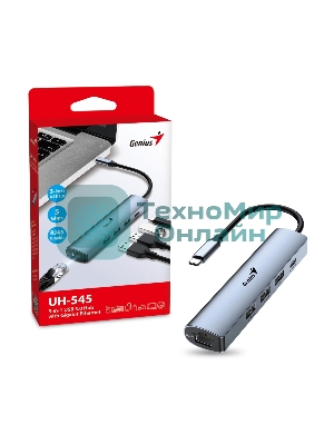 Концентратор USB HUB UH-545 USB3.0 с Ethernet RJ45, гигабитным Ethernet RJ45 x 1, портом питания USB-C (5 В 3 А) x 1, портами передачи данных USB-A 3.0 x 3