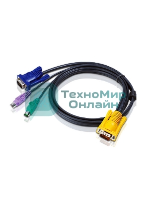 Шнур, мон+клав+мышь PS/2, SPHD15=>HD DB15+2x6MINI-DIN ATEN (2L-5202P) Male-3xMale, 8+6+6 проводов, опрессованный, 1.8 метр., черный