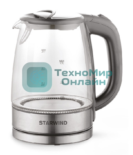 Чайник электрический Starwind SKG2315 1.7 л, 2200 Вт, серый/серебристый (корпус: стекло)