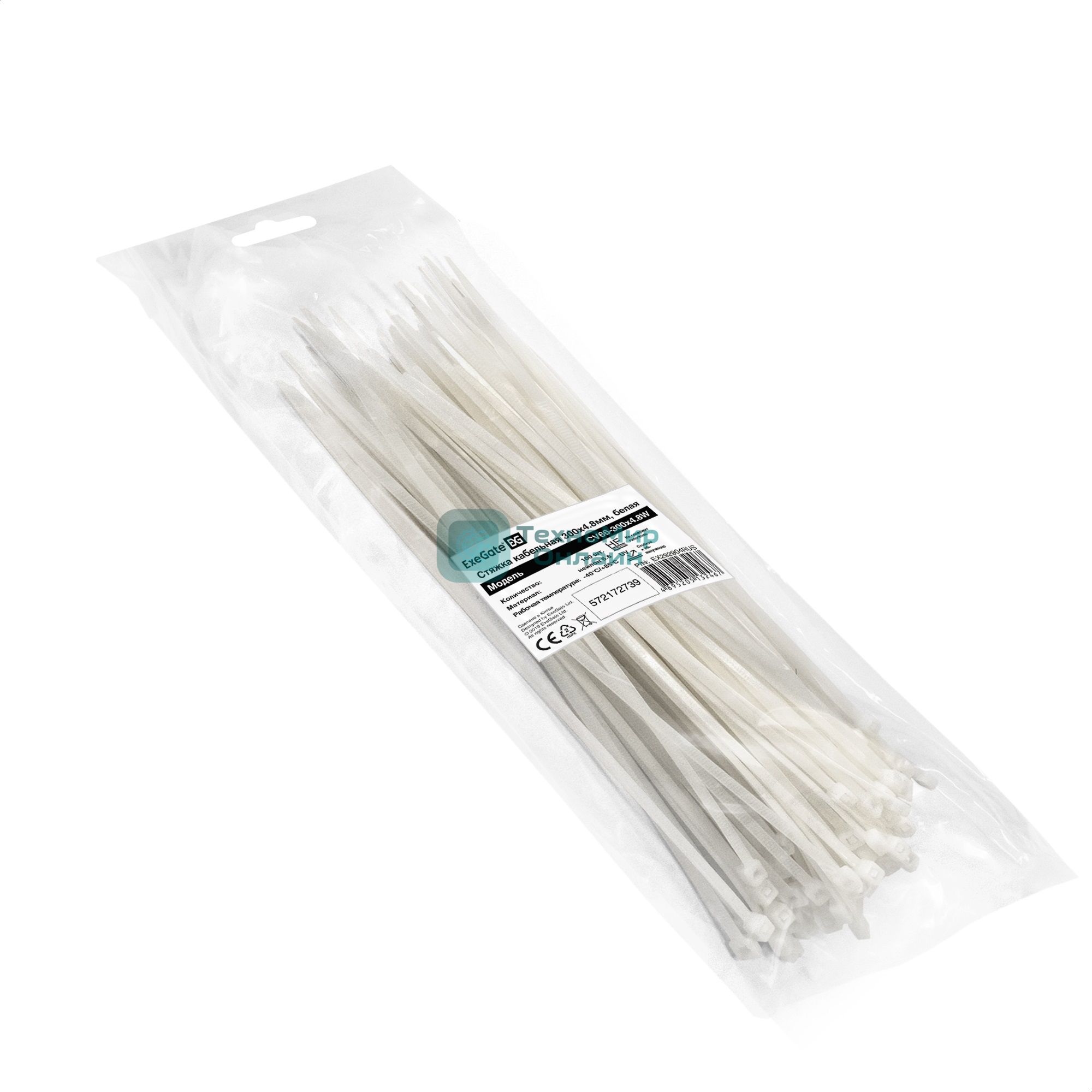 Стяжка (хомут) нейлоновая ExeGate CV66-300x4.8W (нейлон 6.6, 300x4.8 мм, неоткрывающаяся, halogen free, -40°C - +85°C, белая, 100 шт)
