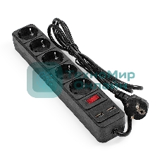 Сетевой фильтр-удлинитель с USB зарядкой ExeGate SP-5-USB-1.8B (5 евророзеток с заземлением, 2 USB-A 2A, 1.8 м, защита от перегрузки, выключатель с подсветкой, черный)