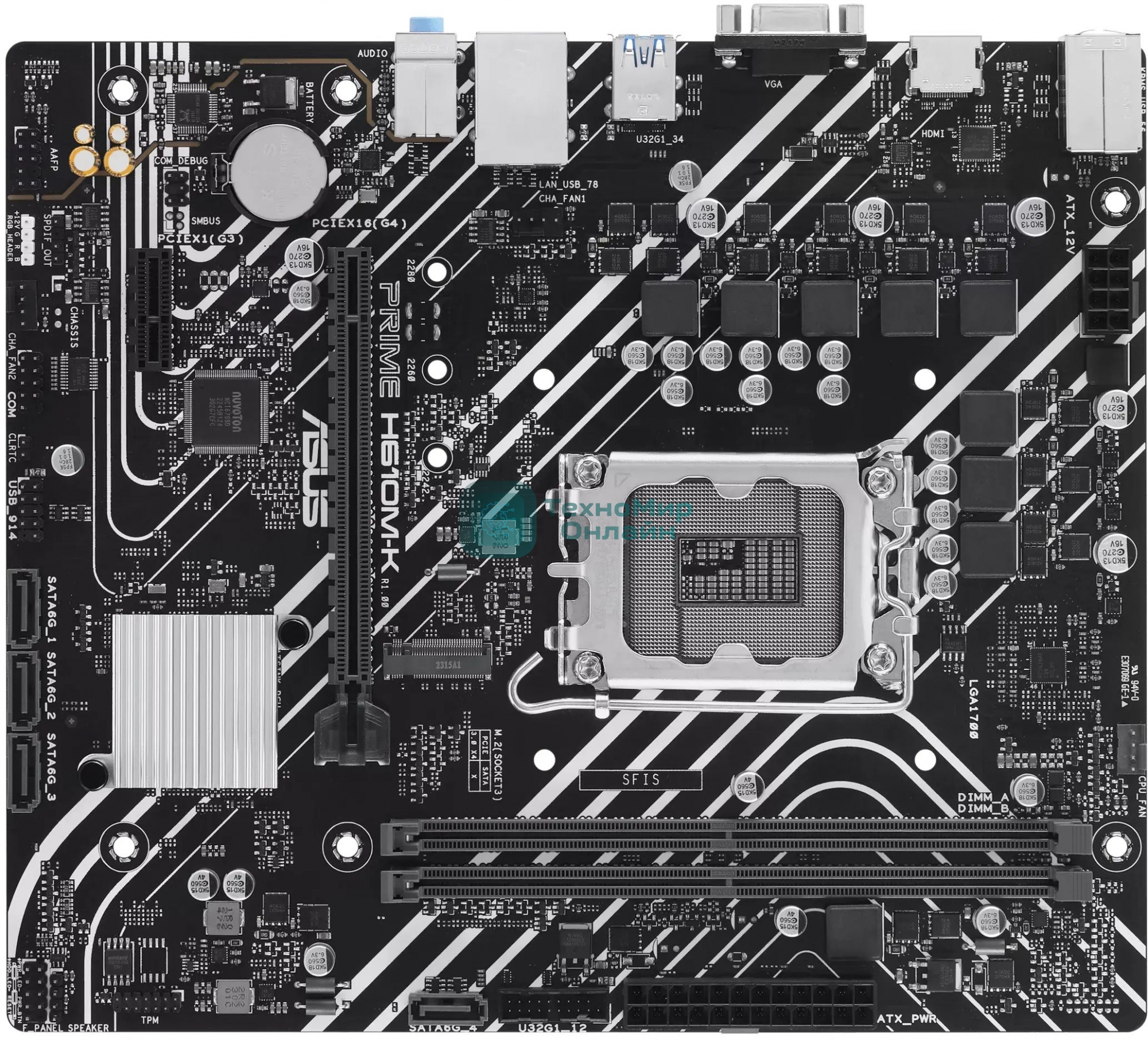 Материнская плата ASUS PRIME H610M-K, LGA 1700, Intel H610, 2xDDR5, 4xSATA, 1xM.2, 1xPCIe 4.0 x16, 1x1Gb LAN, 2xUSB-A 3.2 Gen 1, 4xUSB-A 2.0, 1xHDMI, 1xVGA, 3x3.5 мм, 1xRS-232, 7.1, mATX