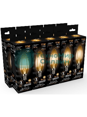 Лампа светодиодная филаментная Gauss 11Вт цок.: E14 свеча 220B 2700K св. свеч. бел.теп. C37 (упак.: 10 шт) (103801111)