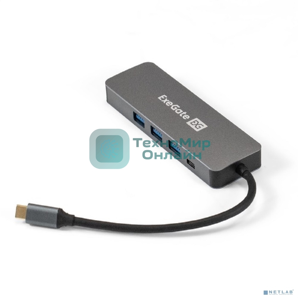 USB-концентратор ExeGate DUB-31C/PD/H (кабель-адаптер USB Type-C --> 3xUSB3.0 + PD 60W + HDMI 4K@30Hz, Plug&Play, серый)