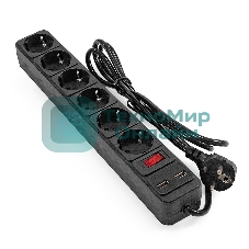 Сетевой фильтр-удлинитель с USB зарядкой ExeGate SP-6-USB-1.8B (6 евророзеток с заземлением, 2 USB-A 2A, 1.8 м, защита от перегрузки, выключатель с подсветкой, черный)