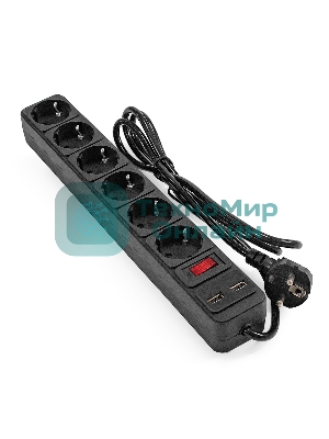 Сетевой фильтр-удлинитель с USB зарядкой ExeGate SP-6-USB-1.8B (6 евророзеток с заземлением, 2 USB-A 2A, 1.8 м, защита от перегрузки, выключатель с подсветкой, черный)